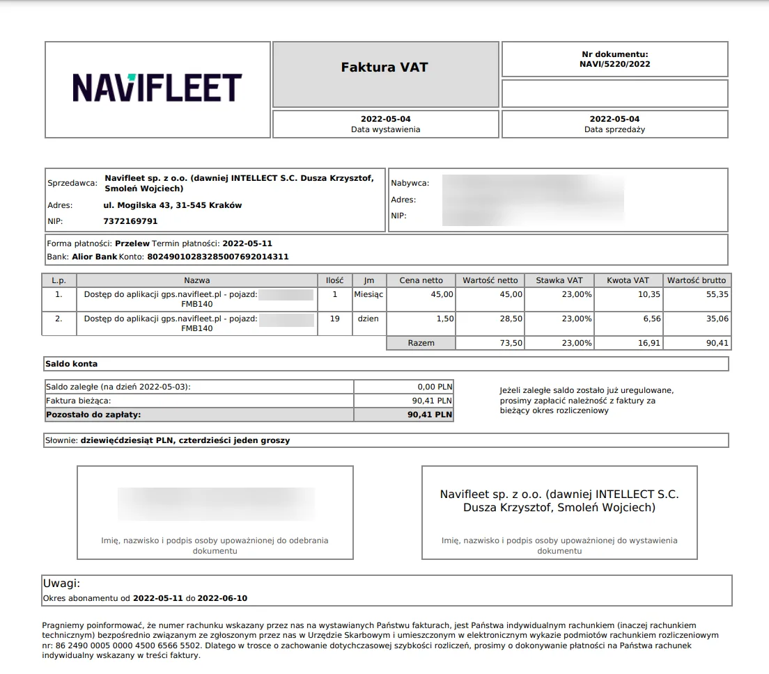 Przykład – zrzut ekranu aplikacji Navifleet