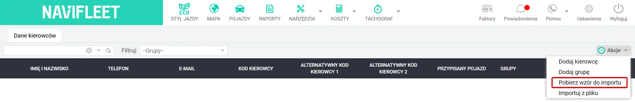 Jak dodać kierowców w aplikacji Navifleet? – zrzut ekranu