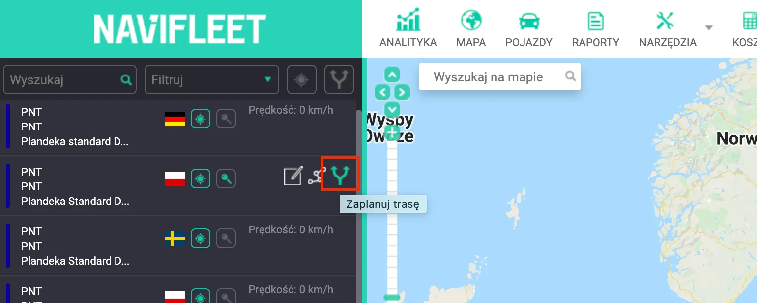 Planowanie trasy jednorazowej – zrzut ekranu aplikacji Navifleet