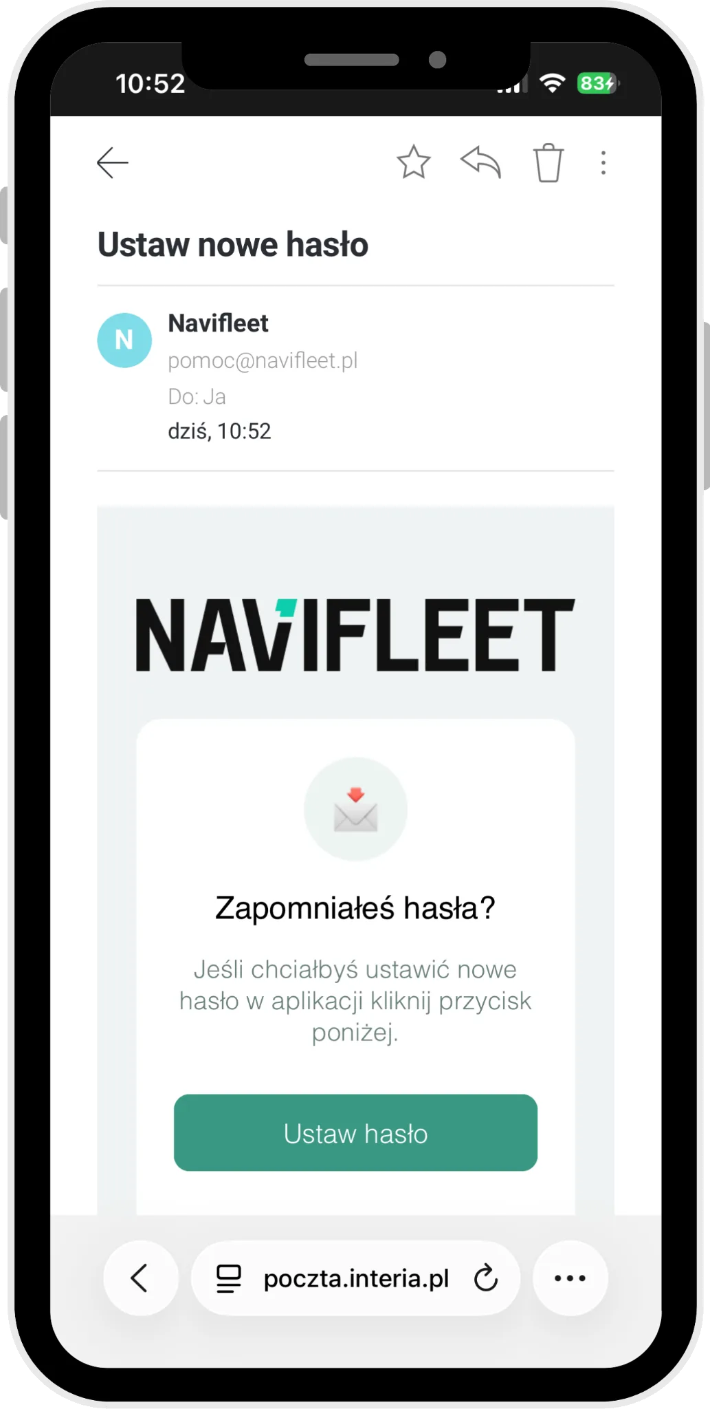 Ustawienie nowego hasła – zrzut ekranu aplikacji Navifleet