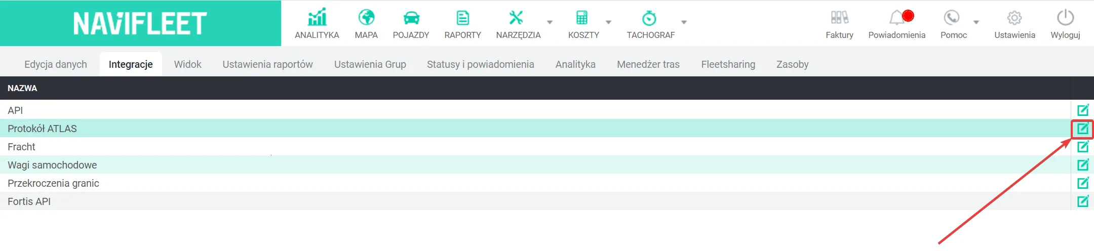 Integracja z Timocom i Trans.eu (Protokół ATLAS) – zrzut ekranu aplikacji Navifleet