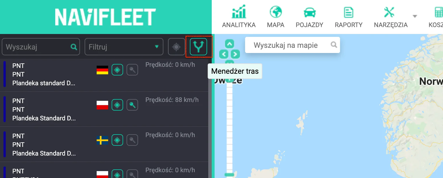 Planowanie trasy jednorazowej – zrzut ekranu aplikacji Navifleet