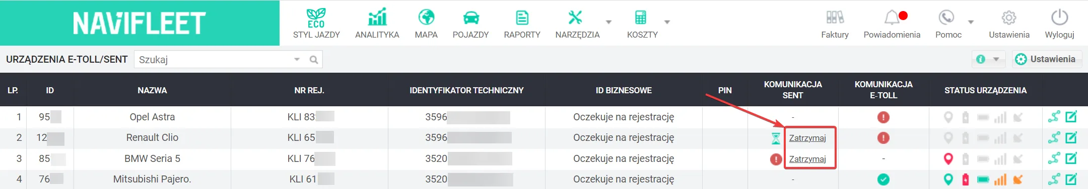 Komunikacja z SENT w aplikacji Navifleet – zrzut ekranu