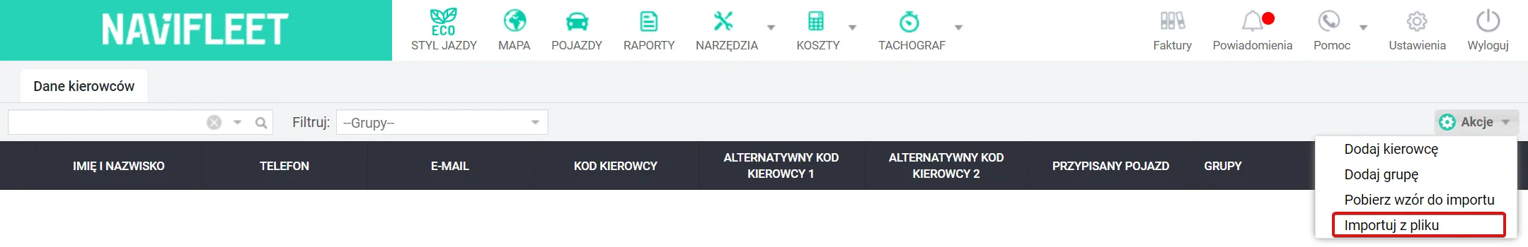 Jak dodać kierowców w aplikacji Navifleet? – zrzut ekranu