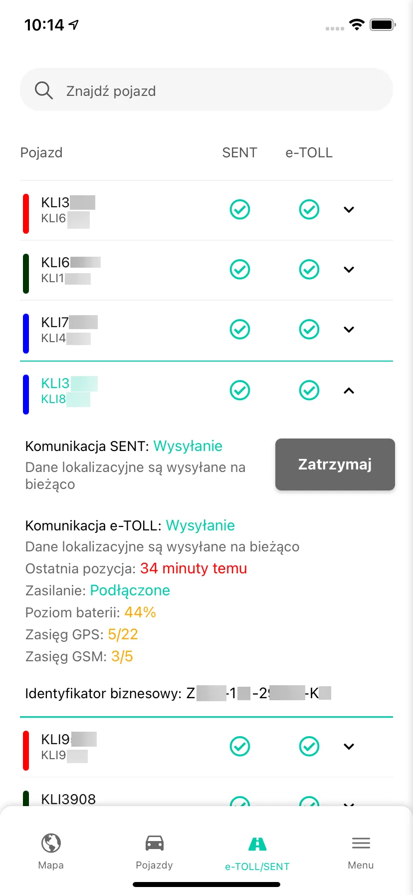 Kontrola statusu transferu danych do e-TOLL – zrzut ekranu aplikacji Navifleet