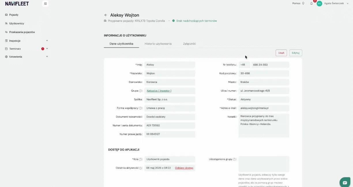 Pojedynczo – zrzut ekranu aplikacji Navifleet