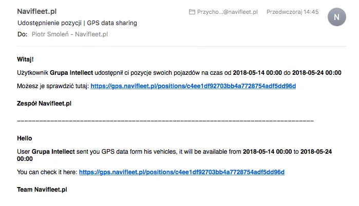 E-mail z linkiem do pozycji udostępnionych pojazdów