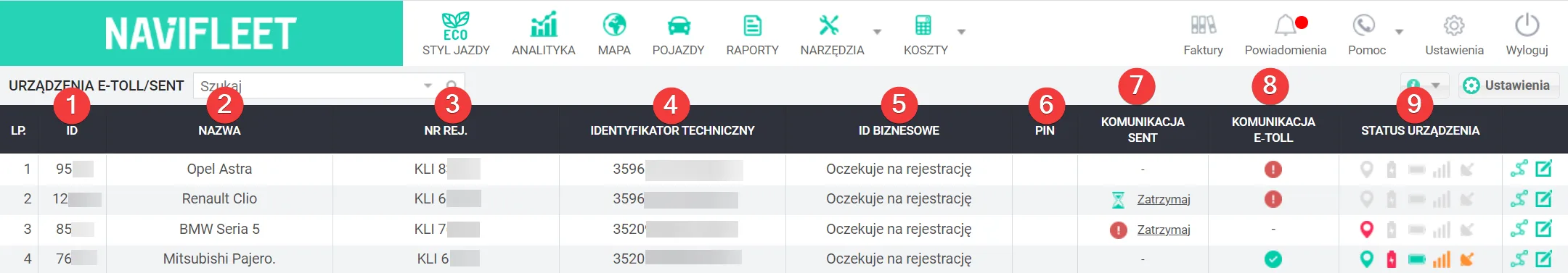 Komunikacja z SENT w aplikacji Navifleet – zrzut ekranu