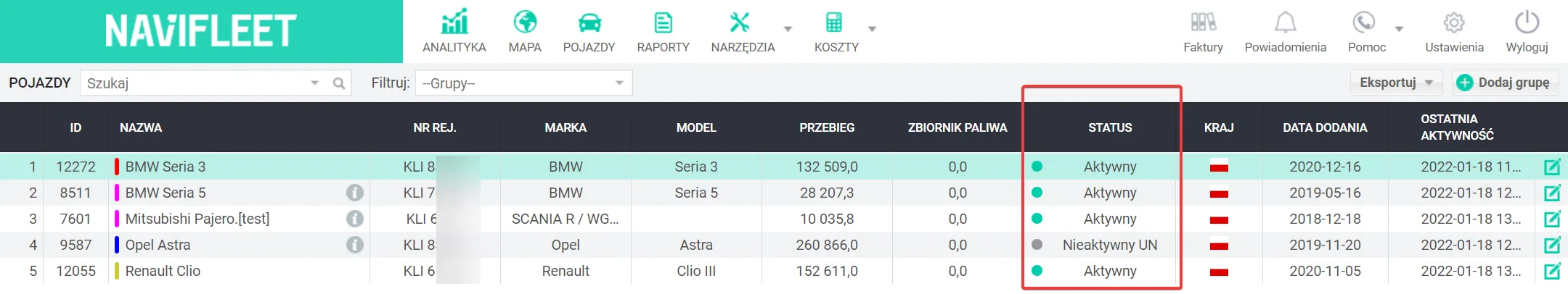 Aktywacja pojazdów – zrzut ekranu aplikacji Navifleet