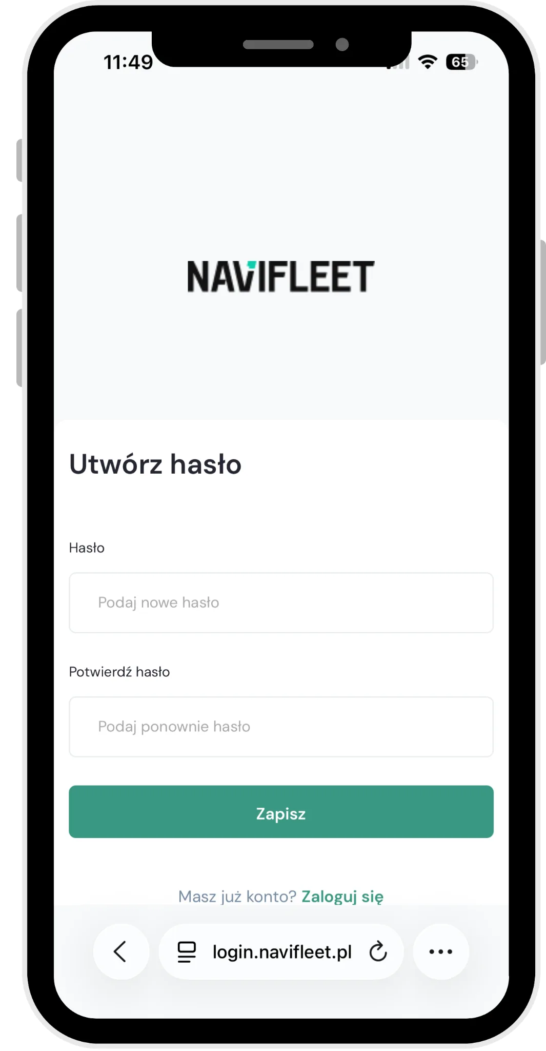 Jak się zarejestrować? – zrzut ekranu aplikacji Navifleet