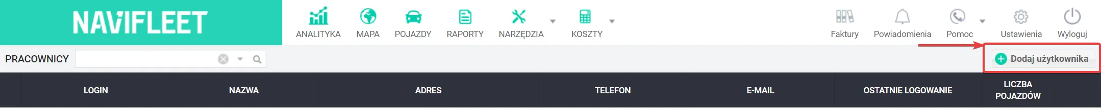 Dodawanie pracownika – zrzut ekranu aplikacji Navifleet