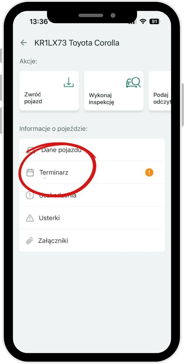 Aby sprawdzić szczegóły terminów: – zrzut ekranu aplikacji Navifleet
