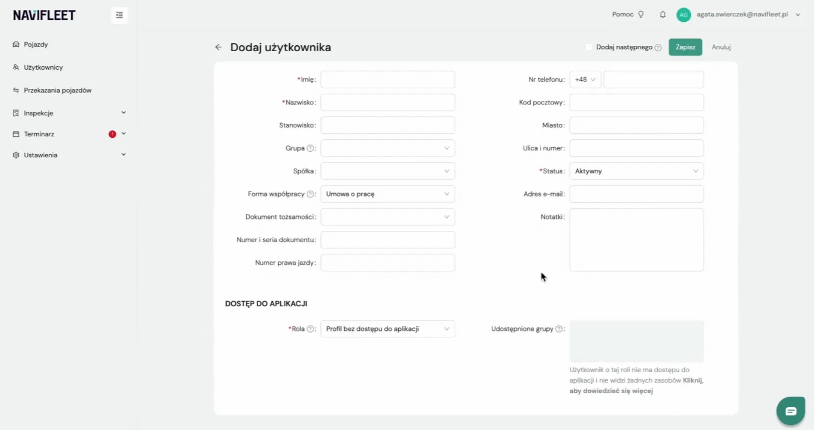 Wyjaśnienie rozwijanych pól formularza – zrzut ekranu aplikacji Navifleet