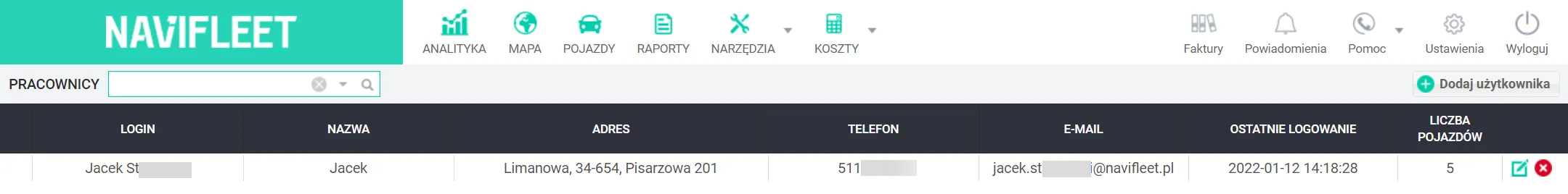Dodawanie pracownika – zrzut ekranu aplikacji Navifleet