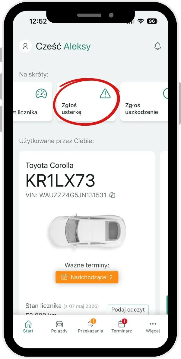 Jak zgłosić usterkę pojazdu? – zrzut ekranu aplikacji Navifleet