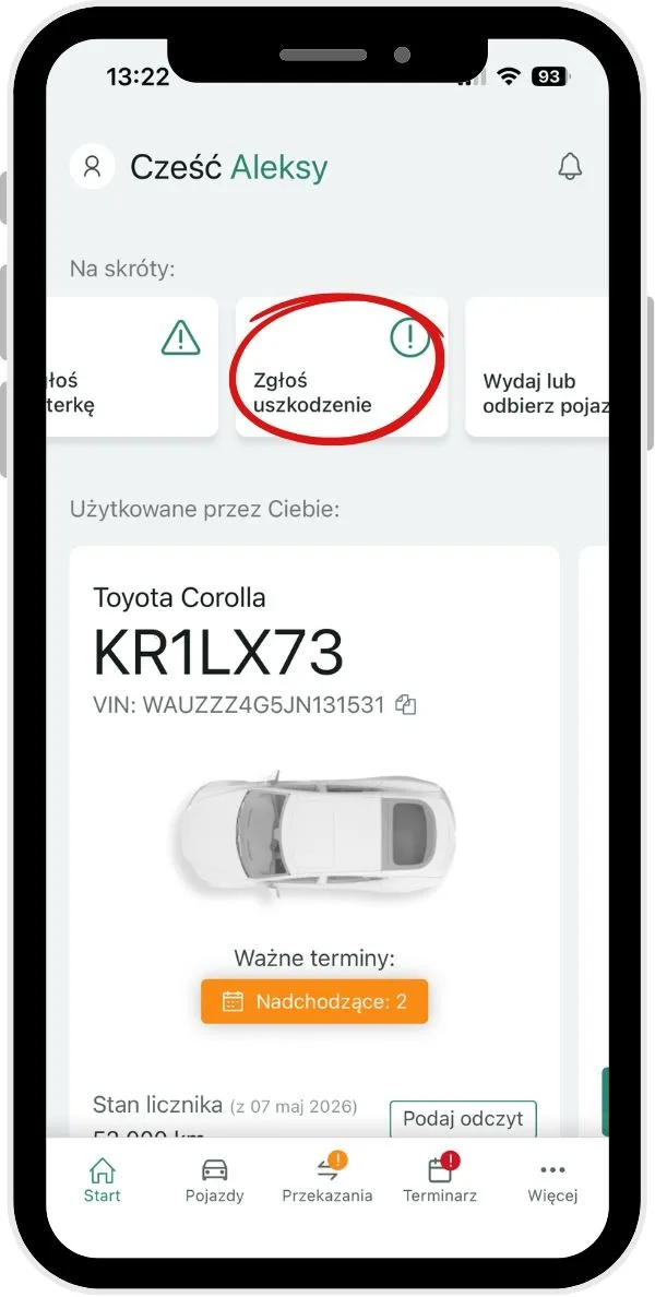 Dodawanie szkód w aplikacji mobilnej – zrzut ekranu aplikacji Navifleet