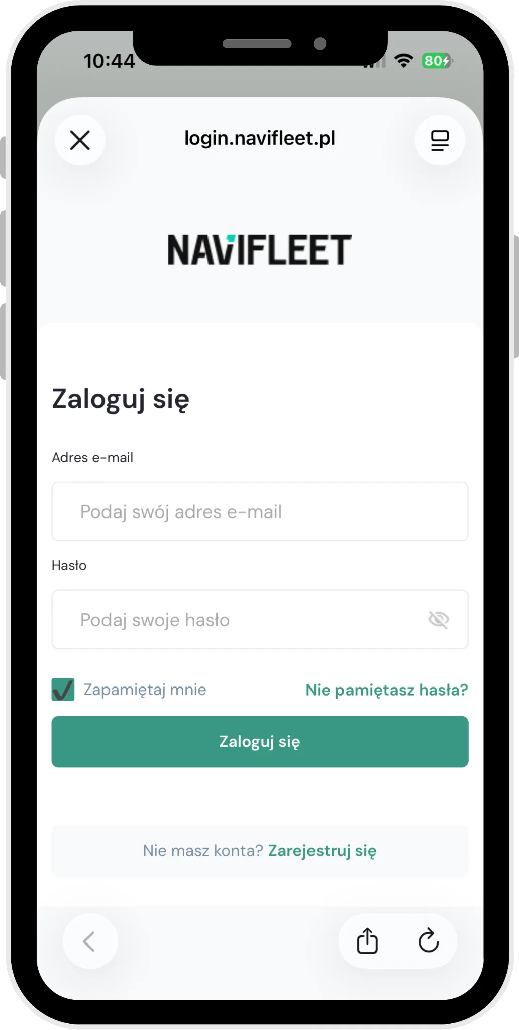 Jak zmienić hasło? – zrzut ekranu aplikacji Navifleet