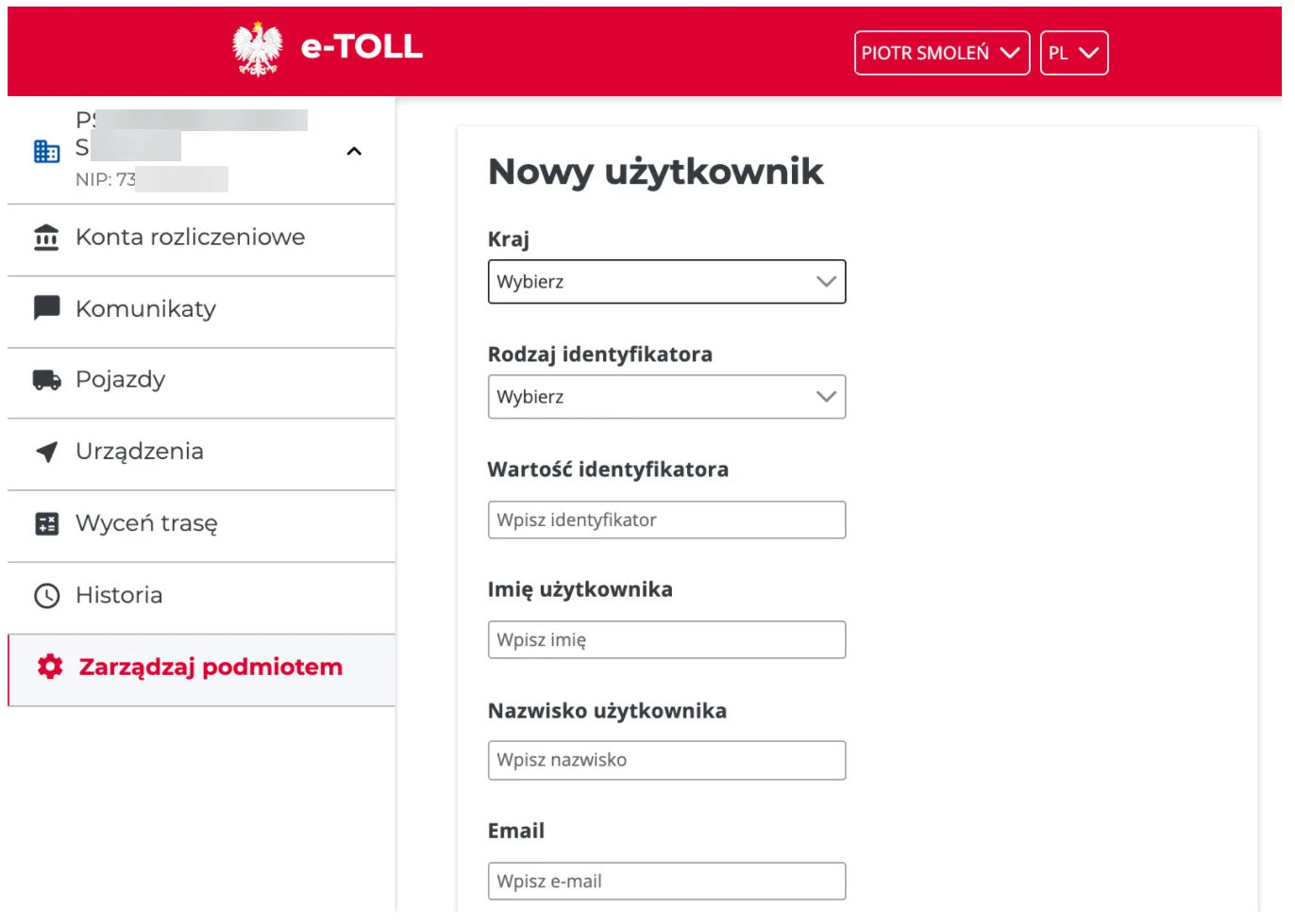 Dodawanie nowych użytkowników do konta podmiotu – zrzut ekranu aplikacji Navifleet