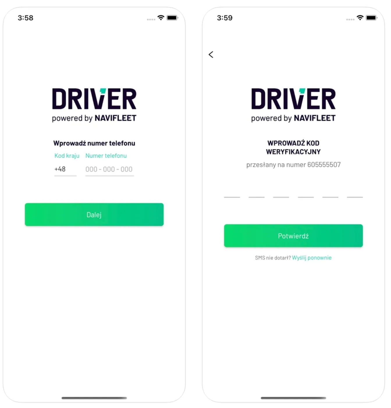 Logowanie – zrzut ekranu aplikacji Navifleet