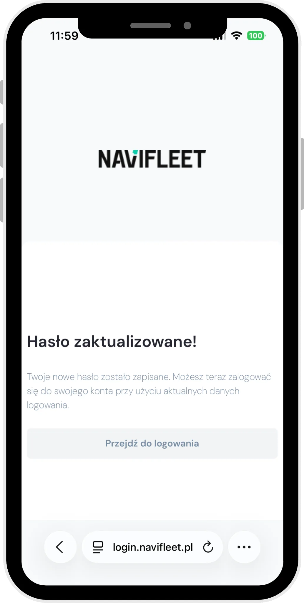 Potwierdzenie – zrzut ekranu aplikacji Navifleet