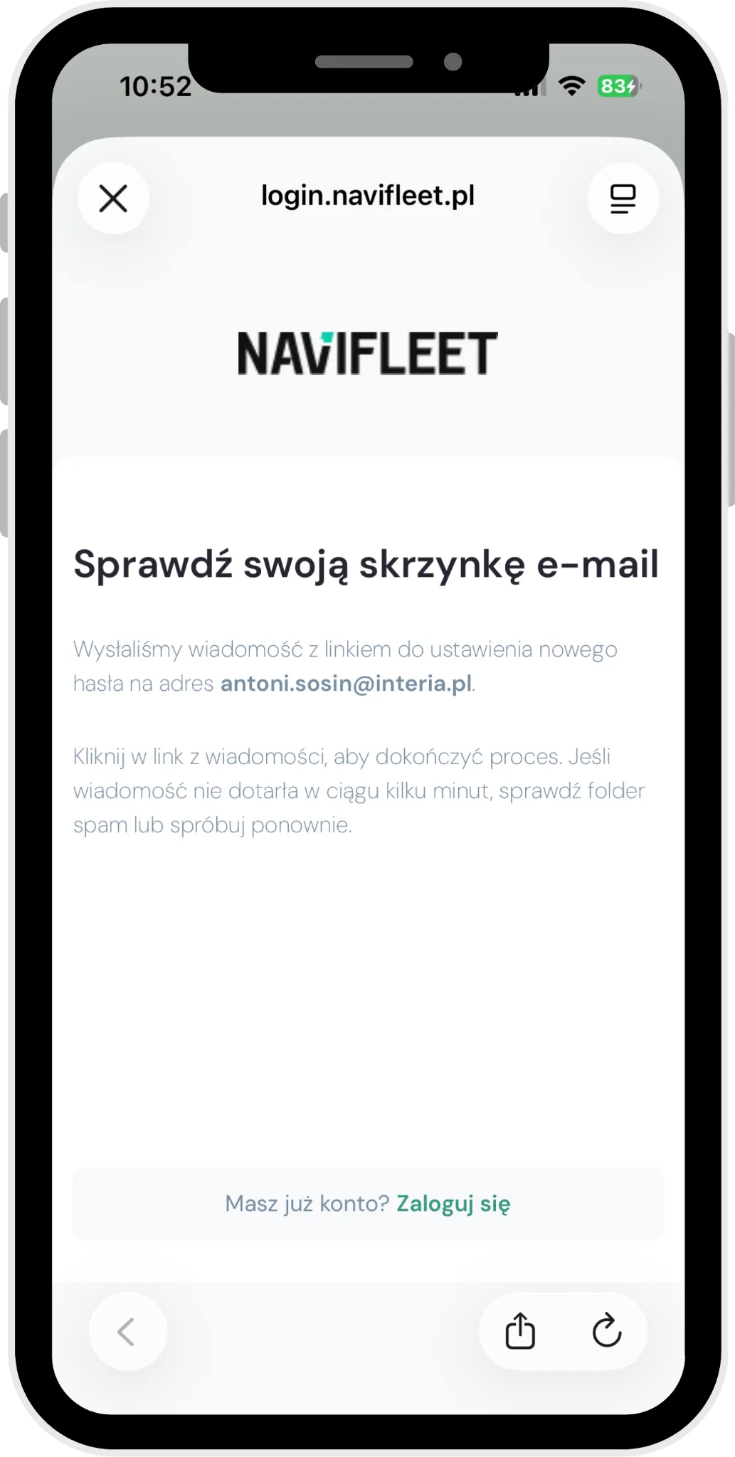 Ustawienie nowego hasła – zrzut ekranu aplikacji Navifleet