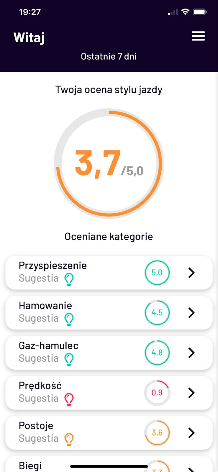 Ocena stylu jazdy w aplikacji Navifleet Driver – zrzut ekranu