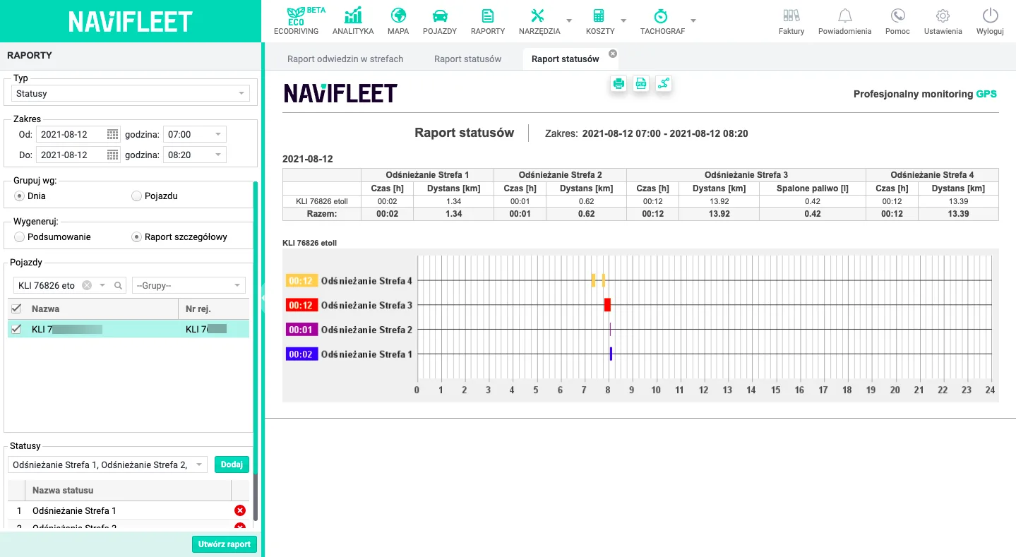 Wyświetlanie statusu w historii trasy lub w raporcie – zrzut ekranu aplikacji Navifleet