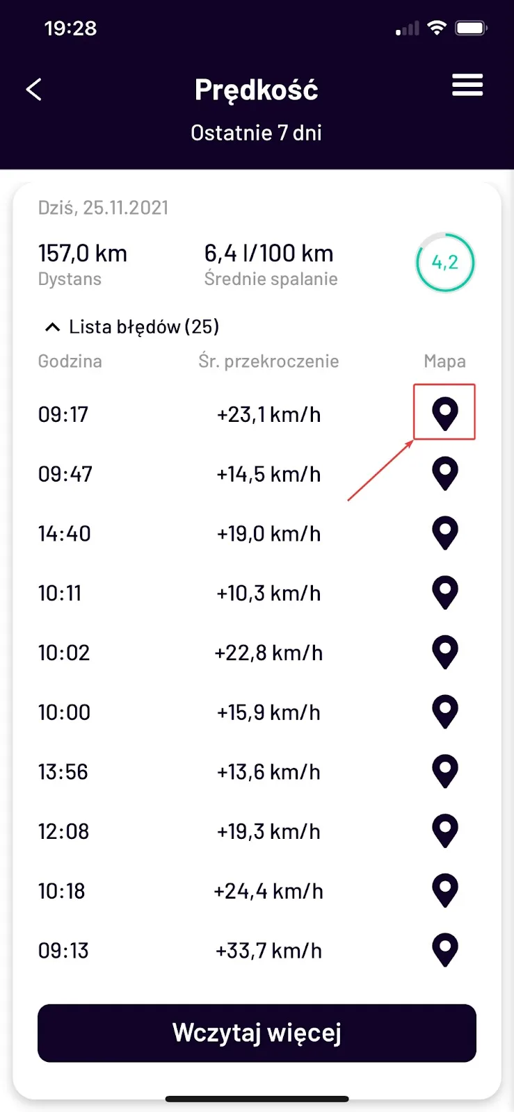 Ocena stylu jazdy w aplikacji Navifleet Driver – zrzut ekranu