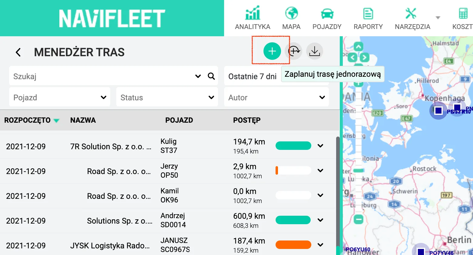 Planowanie trasy jednorazowej – zrzut ekranu aplikacji Navifleet