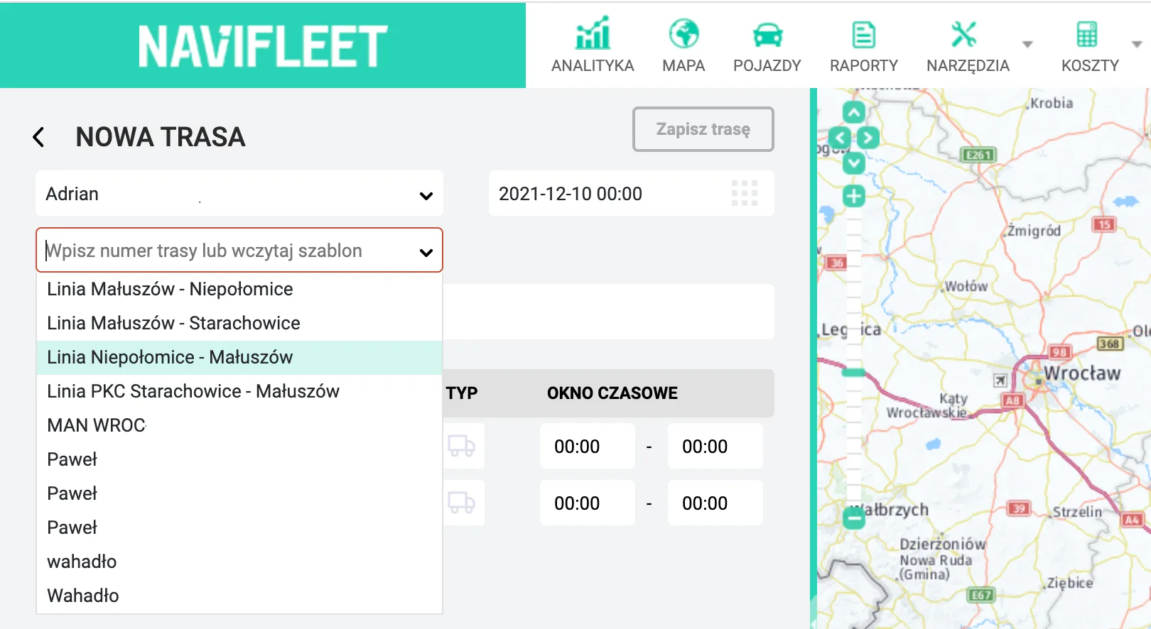 Tworzenie szablonów tras oraz tras cyklicznych – zrzut ekranu aplikacji Navifleet