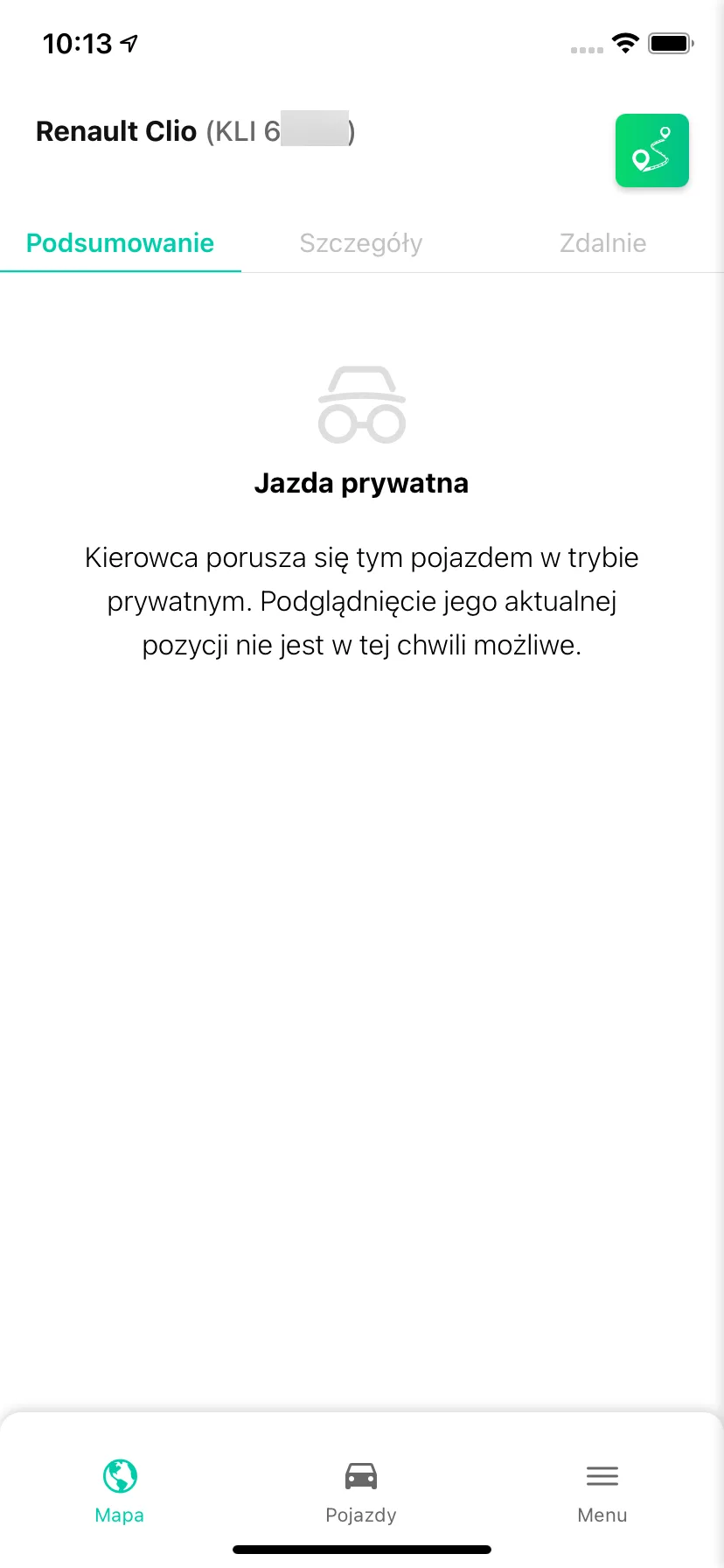 Aktualna pozycja w trybie prywatnym – zrzut ekranu aplikacji Navifleet