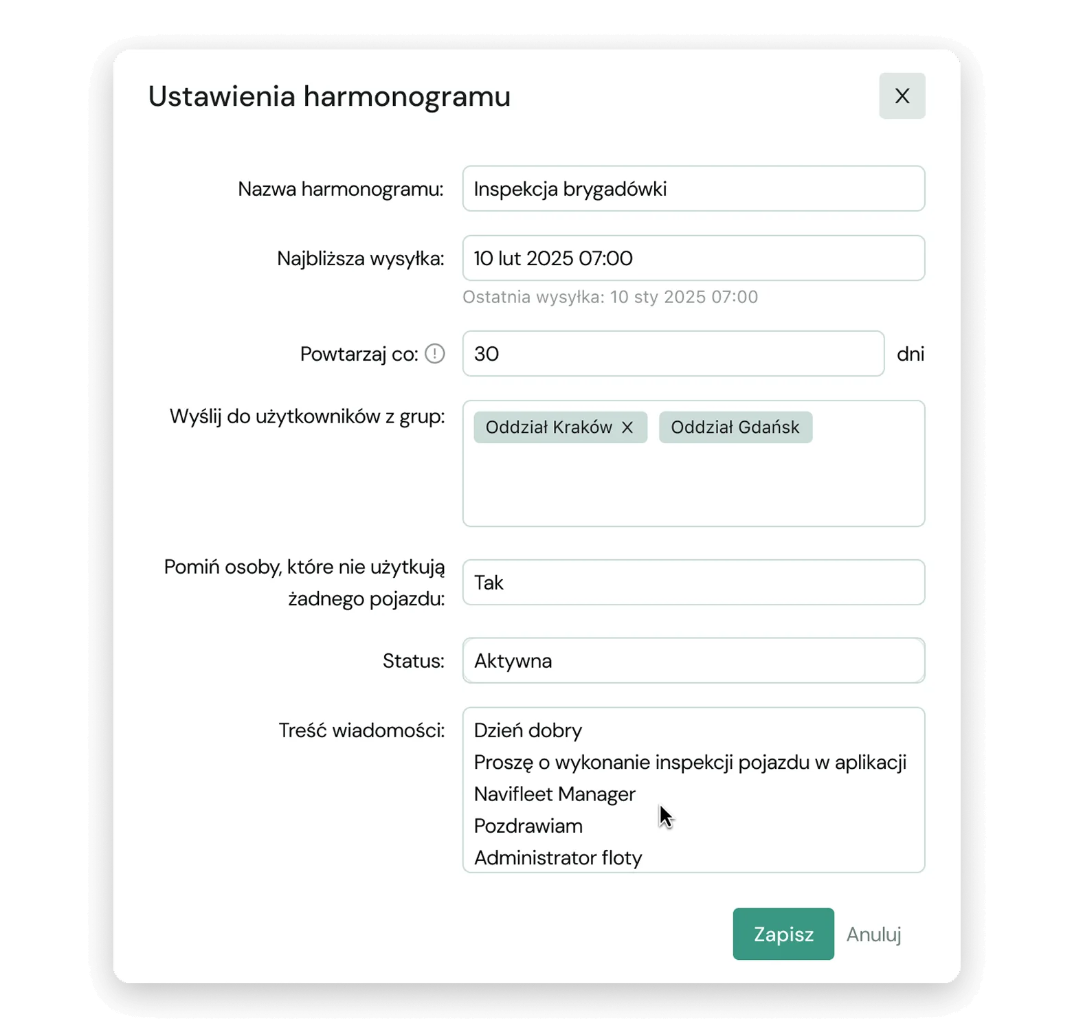 Harmonogramy wiadomości w Navifleet Manager