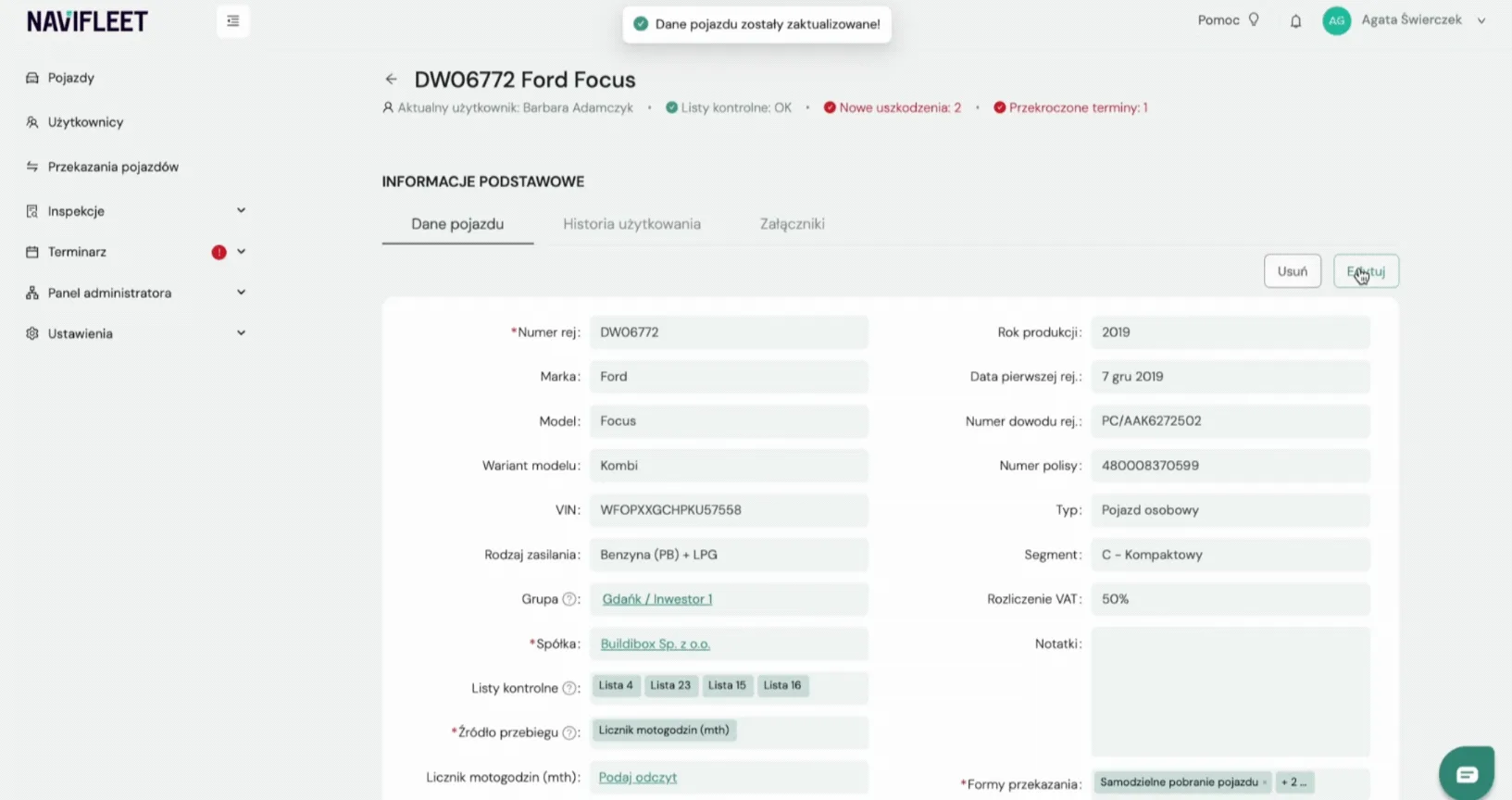 Wybór źródła przebiegu przy edycji pojazdu – zrzut ekranu aplikacji Navifleet