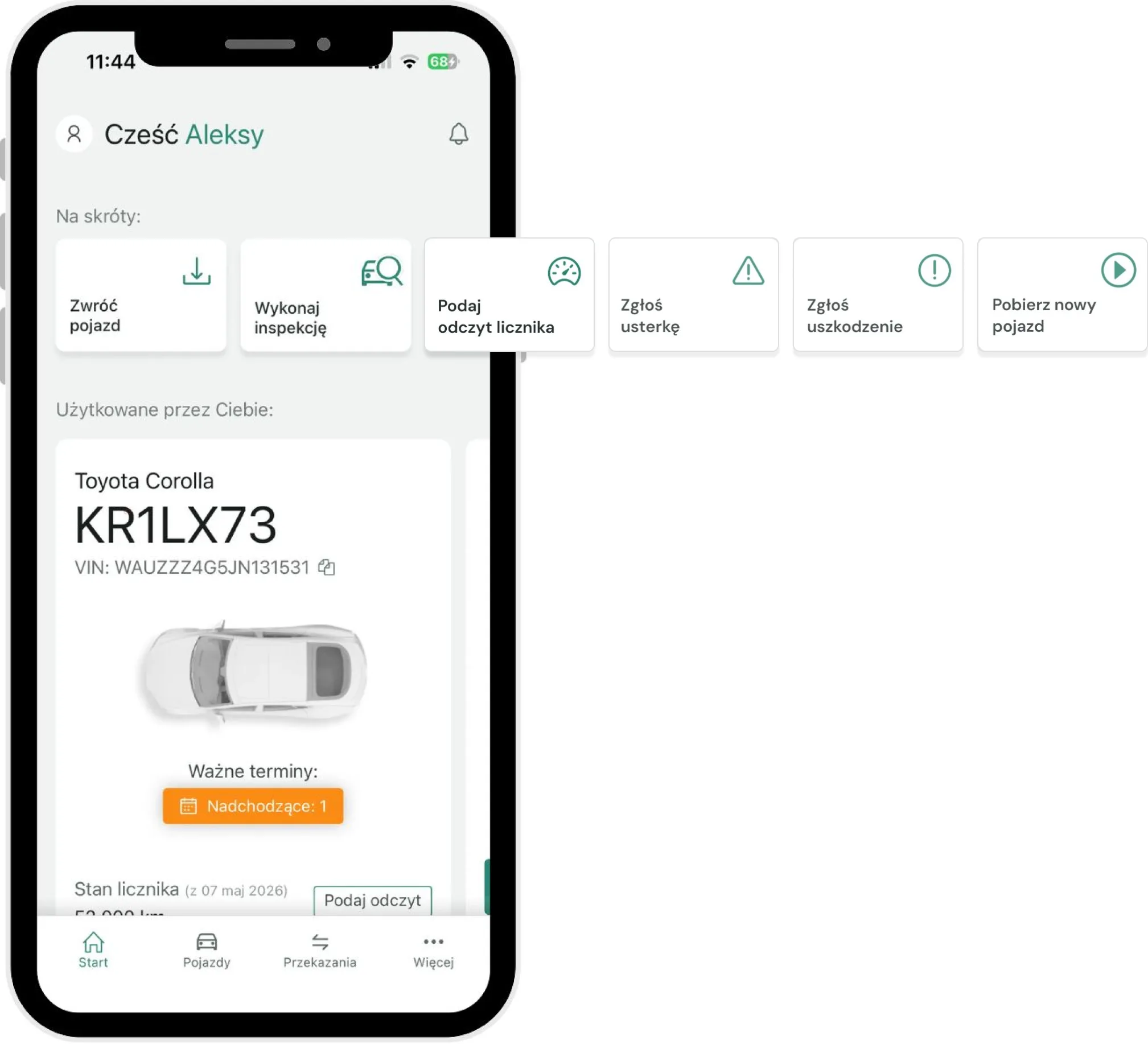 Informacje o użytkowanym pojeździe – zrzut ekranu aplikacji Navifleet