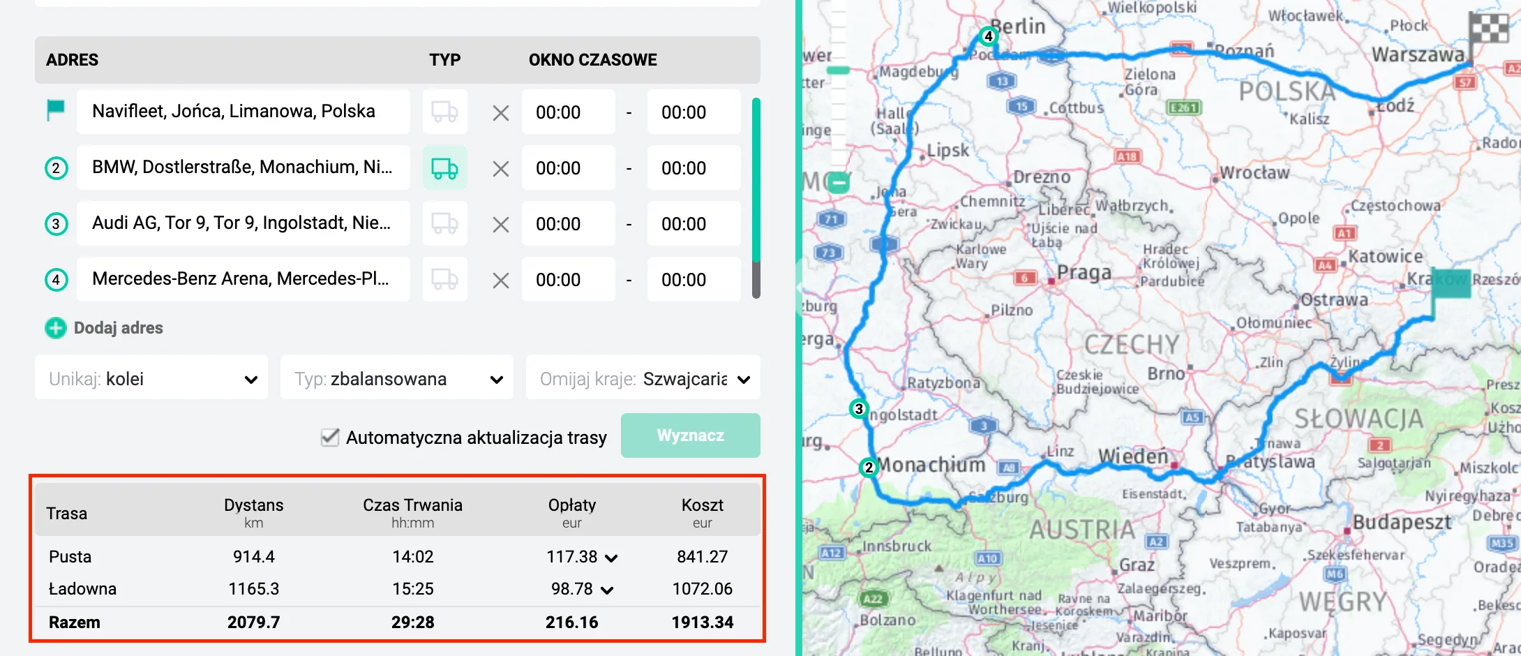 Planowanie trasy jednorazowej – zrzut ekranu aplikacji Navifleet