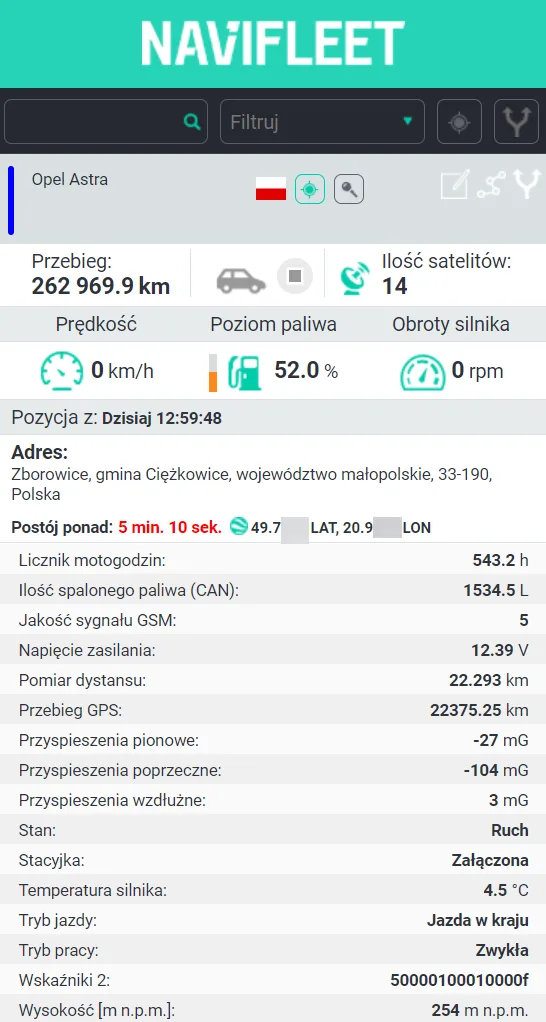Lokalizacja on-line – zrzut ekranu aplikacji Navifleet