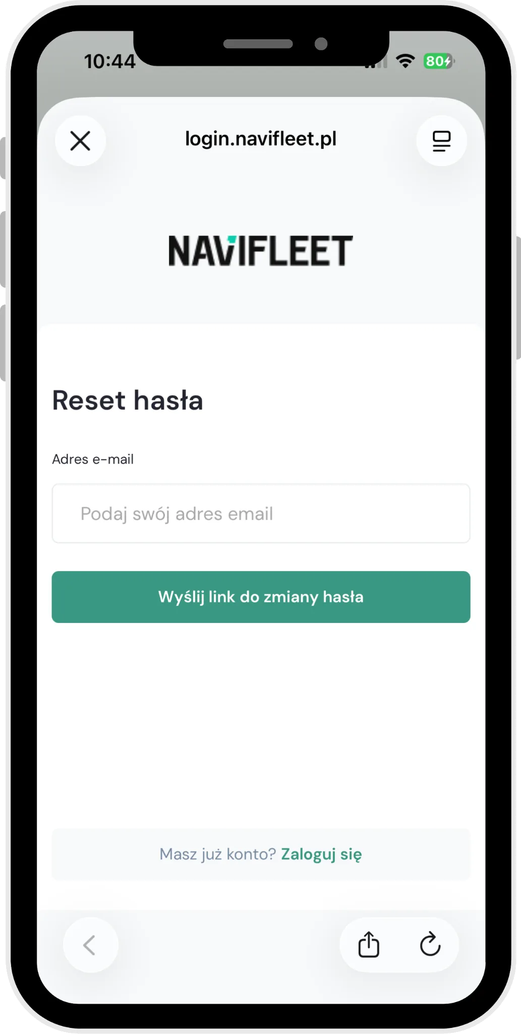 Jak zmienić hasło? – zrzut ekranu aplikacji Navifleet