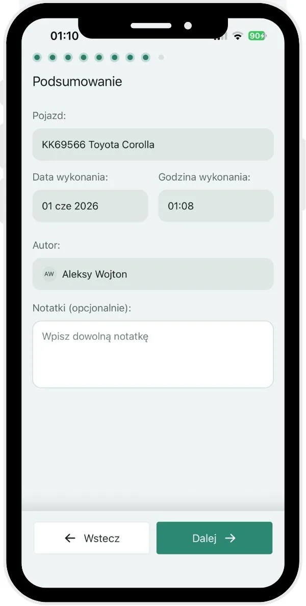 Z jakich kroków składa się inspekcja pojazdu? – zrzut ekranu aplikacji Navifleet
