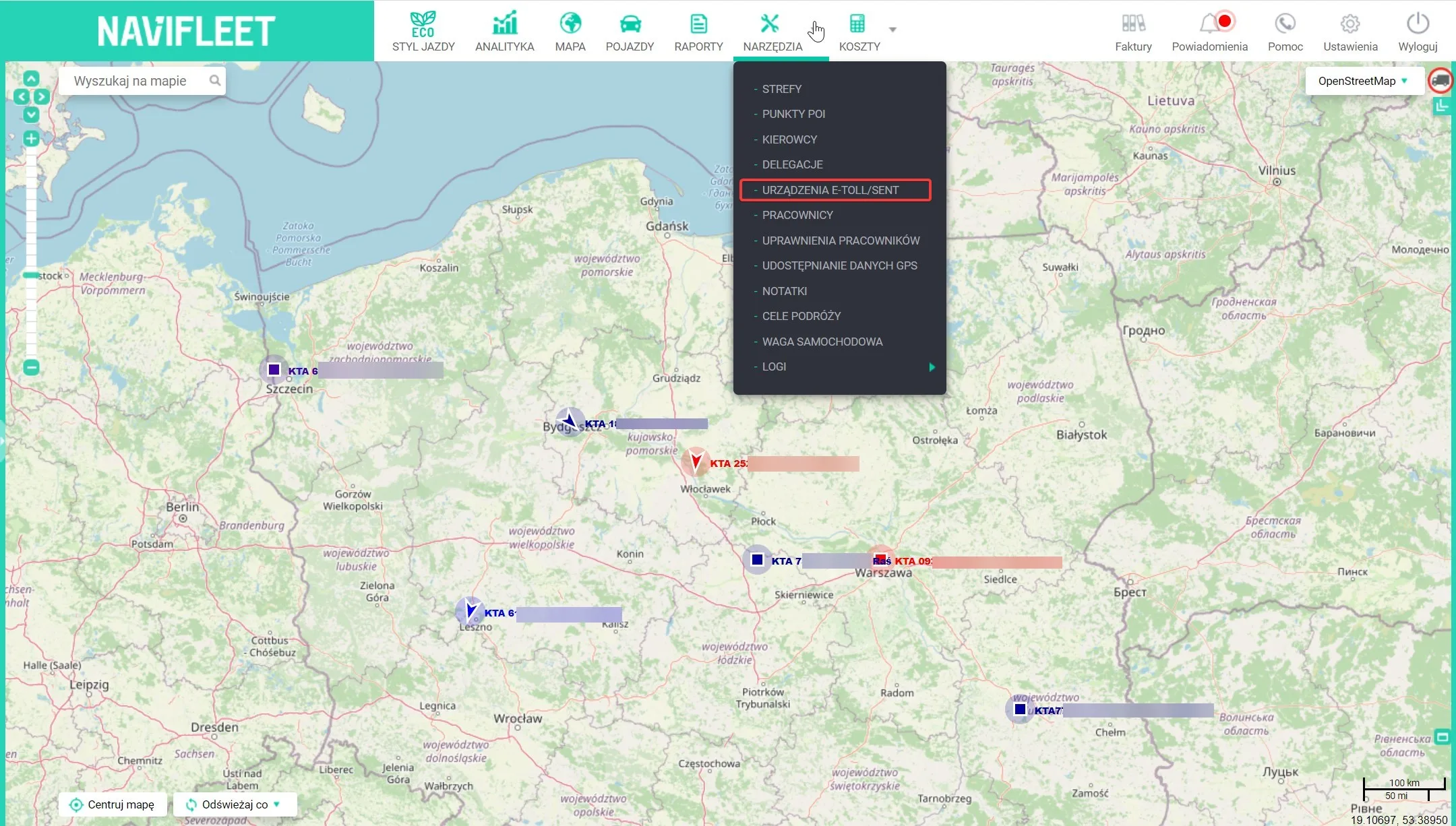 Komunikacja z SENT w aplikacji Navifleet – zrzut ekranu
