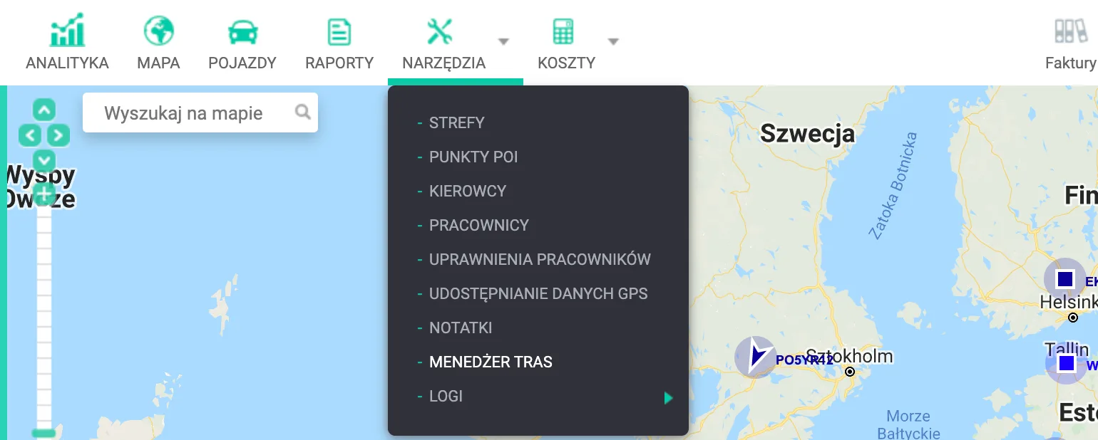 Planowanie trasy jednorazowej – zrzut ekranu aplikacji Navifleet