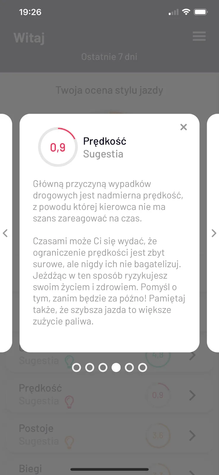 Ocena stylu jazdy w aplikacji Navifleet Driver – zrzut ekranu