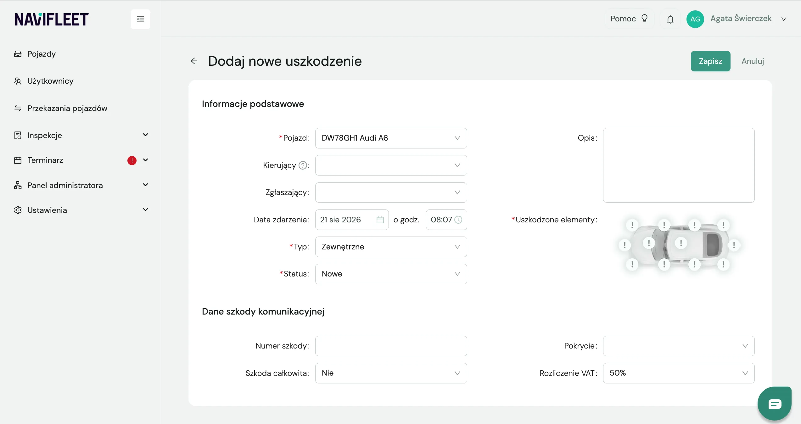 Dane szkody komunikacyjnej – zrzut ekranu aplikacji Navifleet