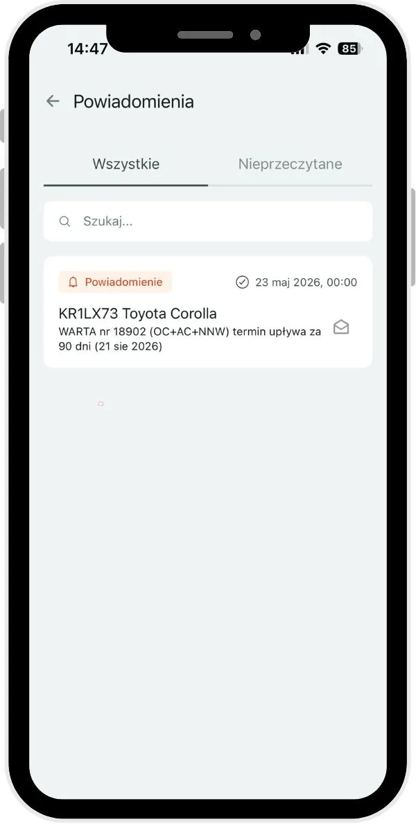 Powiadomienia – zrzut ekranu aplikacji Navifleet