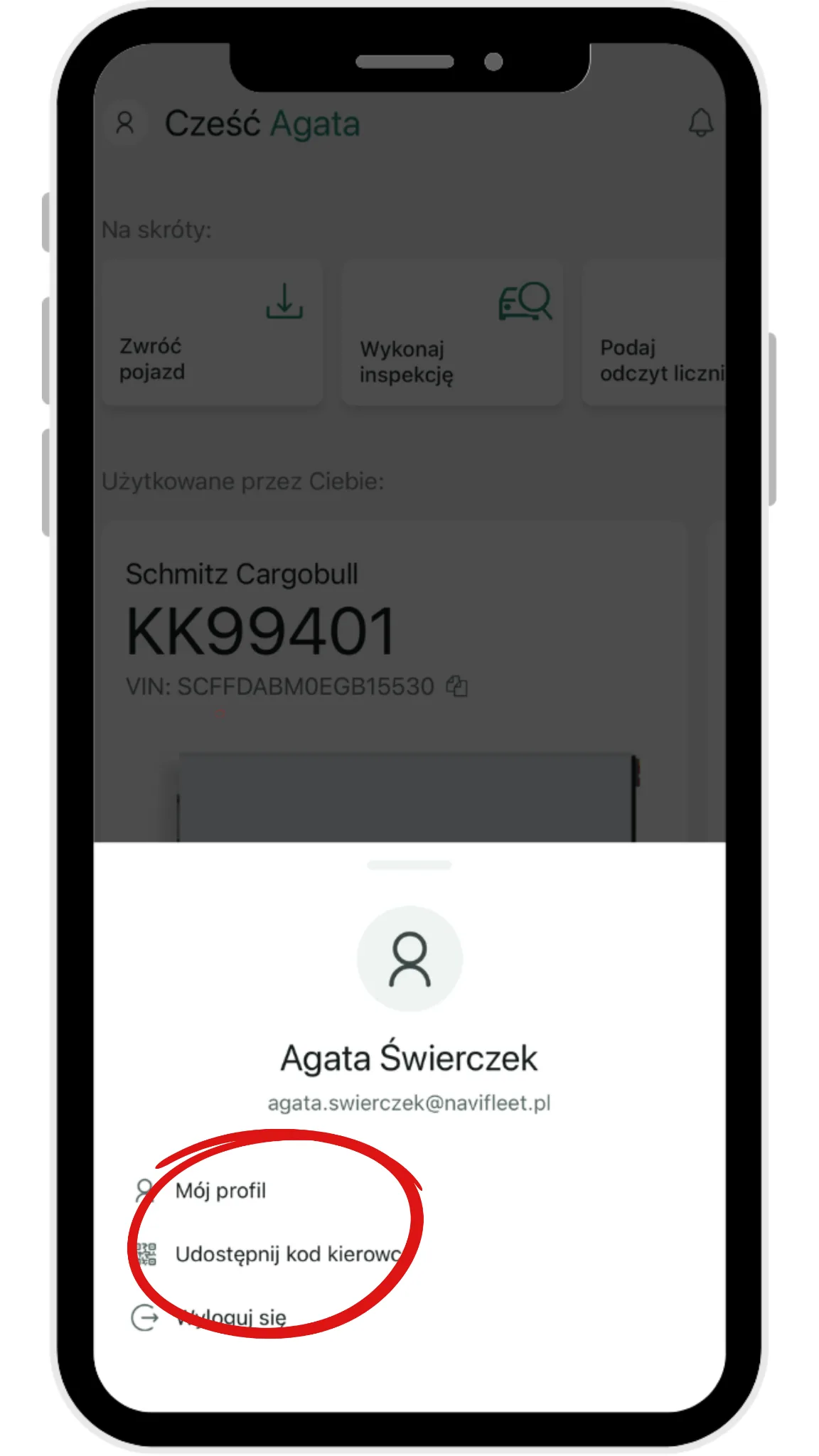 Kierowca odbierający pojazd: – zrzut ekranu aplikacji Navifleet